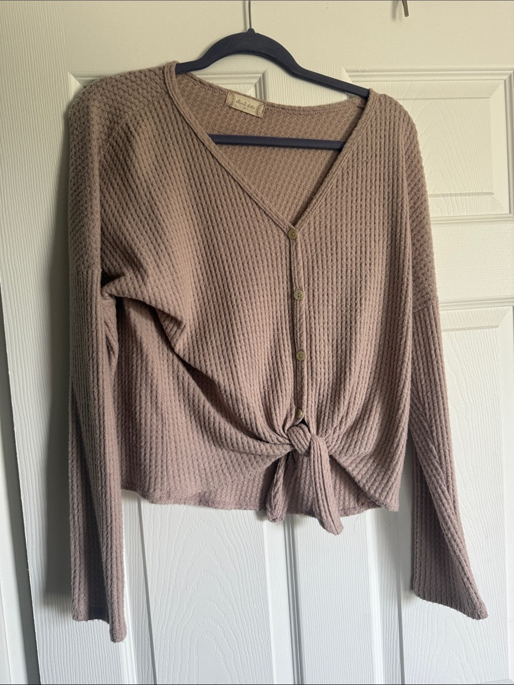 Altar'd State Waffle Knit Button-Front Knot Cardigan in light pink